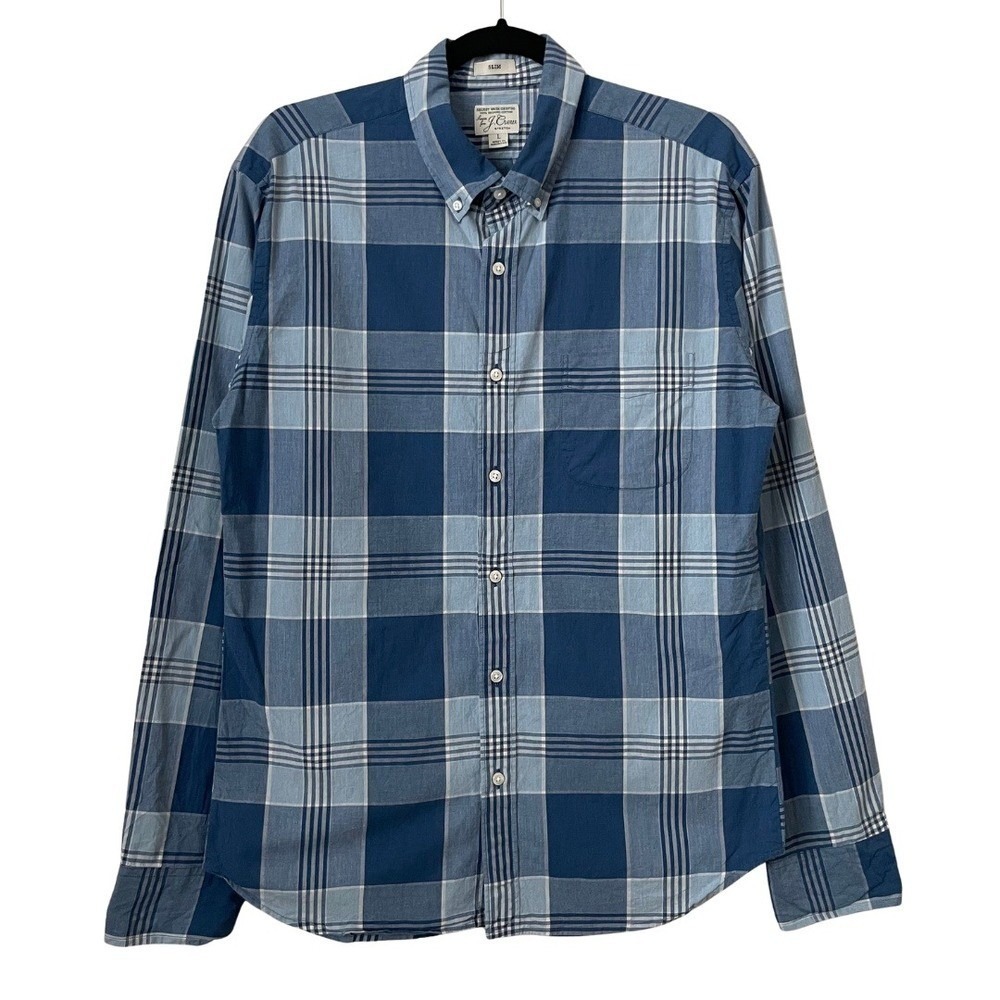 J. Crew Shirt Mens Large Blue Slim Organic Cotton Secret Wash Plaid‎ Button Down